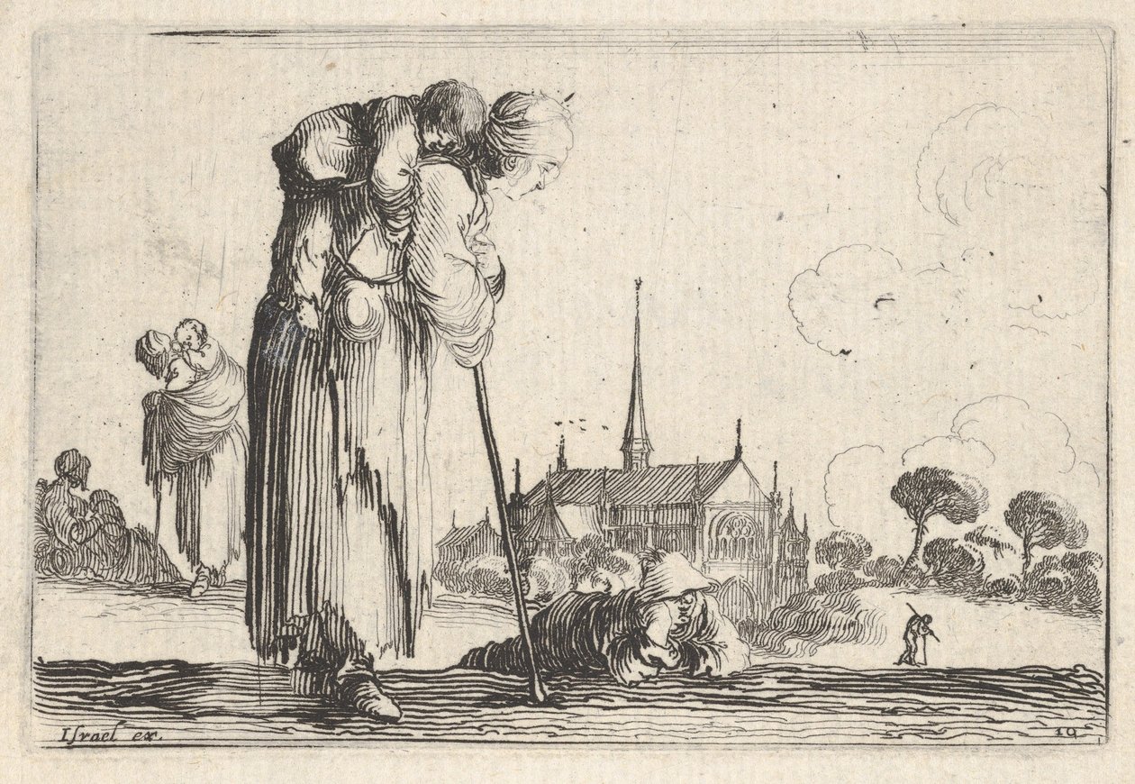10. tábla: jobbra fordult parasztasszony gyermekkel a hátán, fiú lyi..., kb. 1642. alkotó: Stefano della Bella
