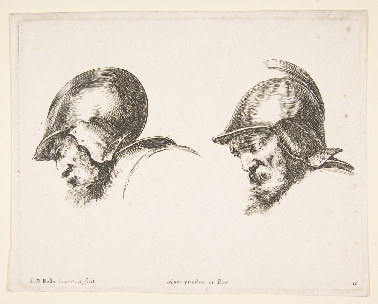 10. tábla: két sisakos öreg katona feje, mindkettő balra és lefelé néz..., kb. 1641. alkotó: Stefano della Bella