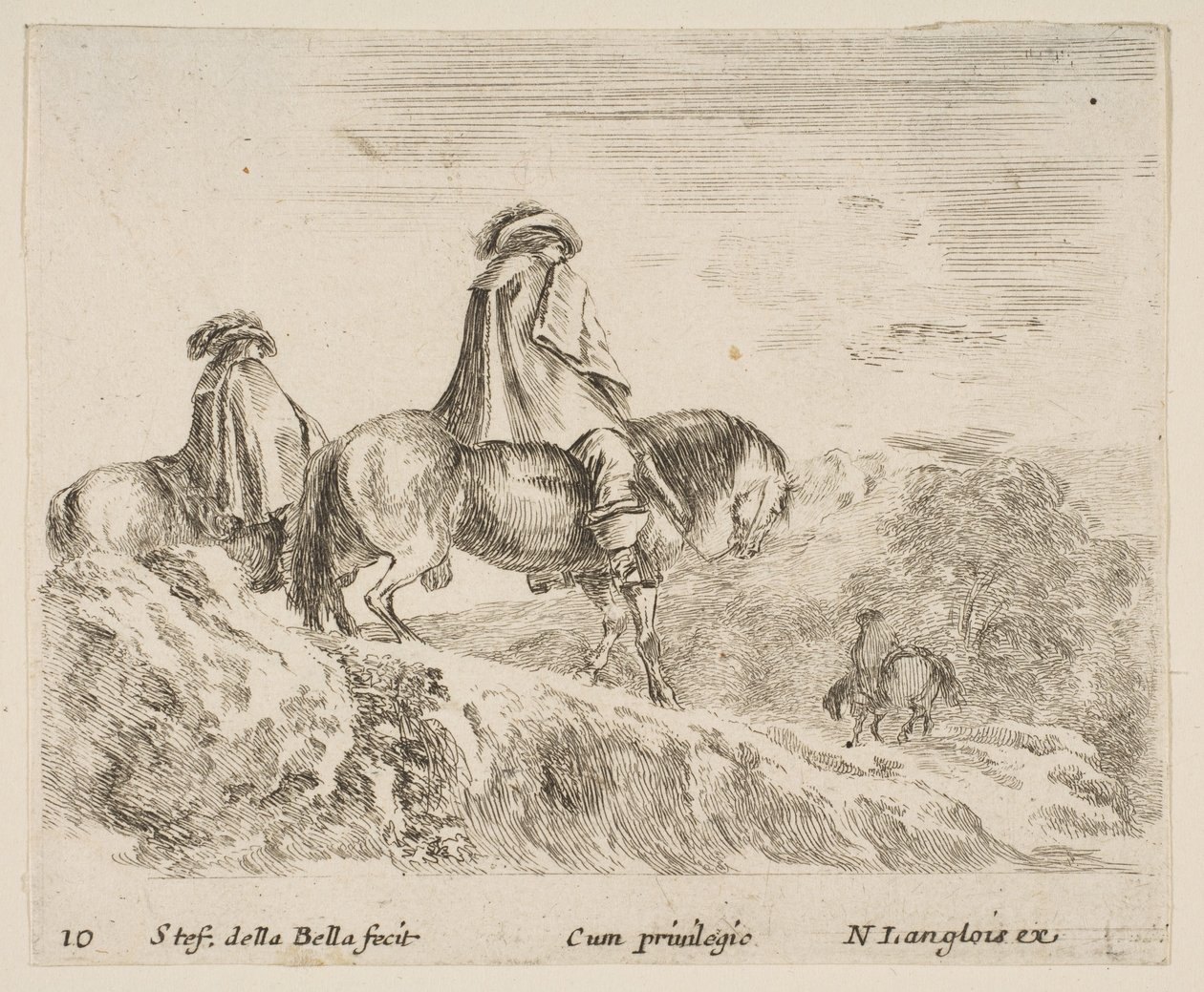 10. tábla: balra két lovas ereszkedik le a hegyről, egy másik lovas jobbra ...-ben, kb. 1644-47. alkotó: Stefano della Bella