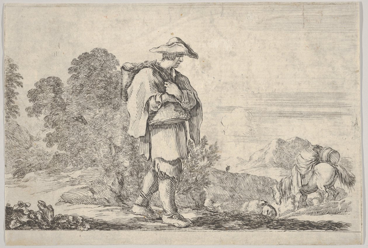 11. tábla: középen kalapot viselő paraszt, jobbra sétál, ló ereszkedik..., kb. 1641. alkotó: Stefano della Bella