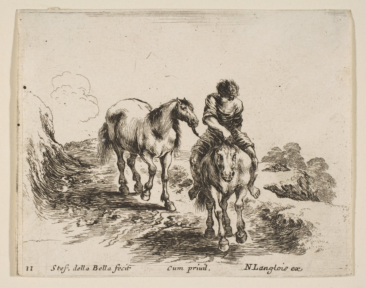 11. tábla: egy fiatal lovas, szemből nézve, egy másik lovat vezet, a Divertől..., kb. 1644-47. alkotó: Stefano della Bella