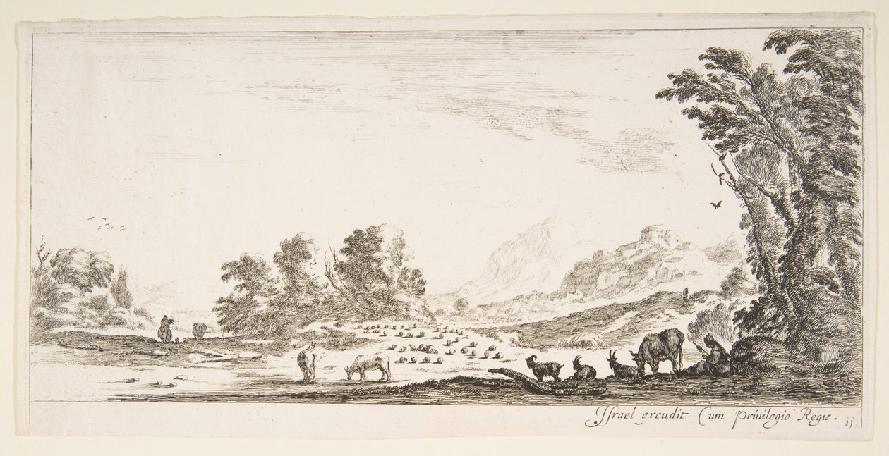 11. tábla: pásztorlány ül jobbra egy fa alatt, és nézi, ahogy balra nyelkedik..., kb. 1641. alkotó: Stefano della Bella