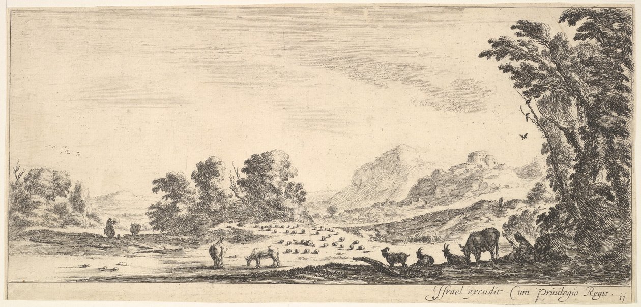 11. tábla: pásztorlány ül jobbra egy fa alatt, és nézi, ahogy balra nyelkedik..., kb. 1641. alkotó: Stefano della Bella