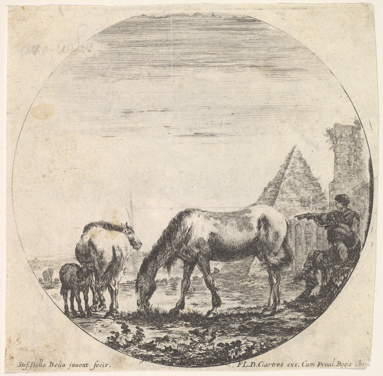 11. tábla: Caius Cestius piramisa jobbra a háttérben, egy ló legelész..., kb. 1643-48. alkotó: Stefano della Bella