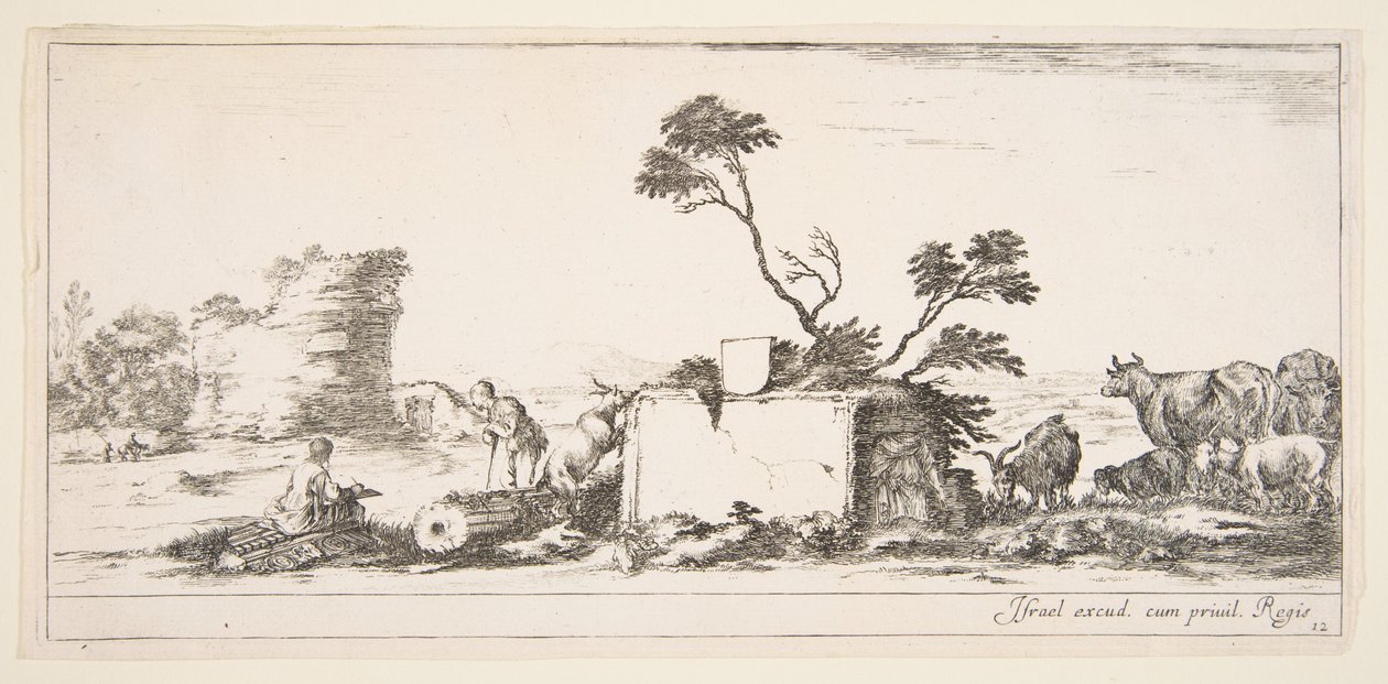12. tábla: balra ülő rajzoló, jobbra mellette álló pásztor, rom..., kb. 1641. alkotó: Stefano della Bella
