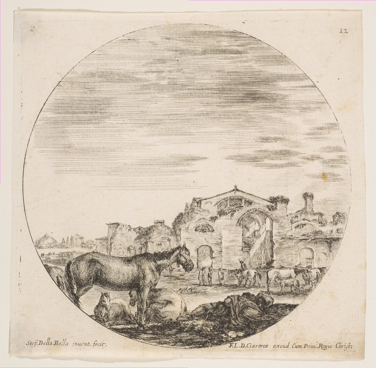 12. tábla: jobbra a földön alvó pásztor, balra három ló, egyéb hors..., kb. 1646. alkotó: Stefano della Bella