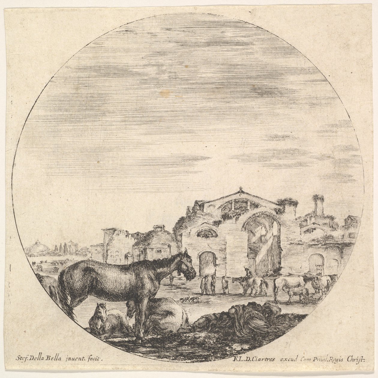 12. tábla: jobbra a földön alvó pásztor, balra három ló, másik h..., kb. 1643-48. alkotó: Stefano della Bella