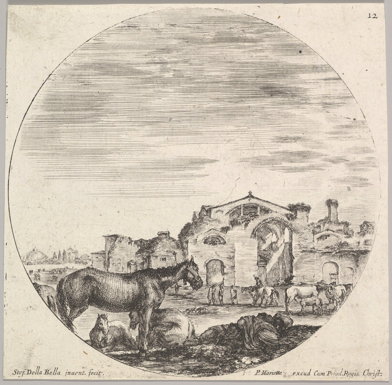 12. tábla: jobbra a földön alvó pásztor, balra három ló, másik h..., kb. 1643-48. alkotó: Stefano della Bella