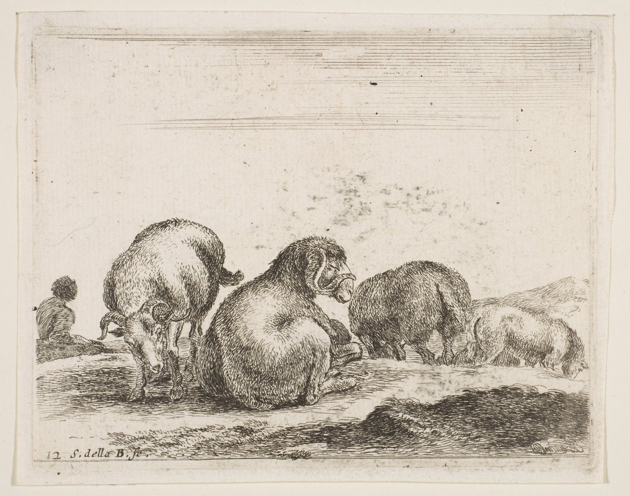 12. tábla: juhok és kosok a legelőn, különféle állatokból Diversi animali, kb. 1641. alkotó: Stefano della Bella