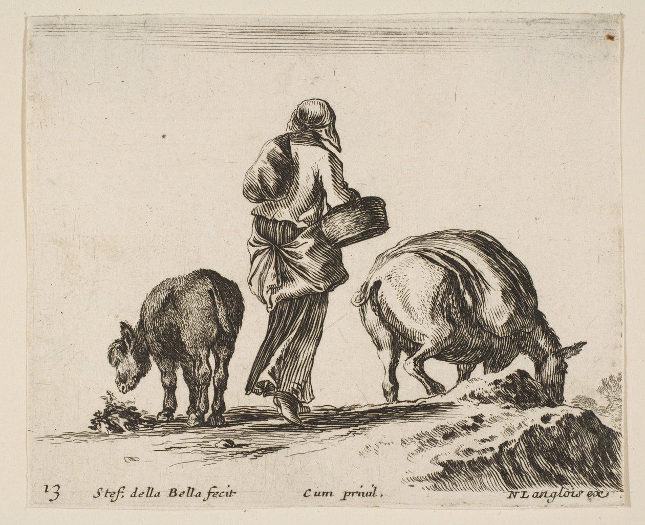 13. tábla: parasztasszony, hátulról, középen kosárral, szamár..., kb. 1644-47. alkotó: Stefano della Bella