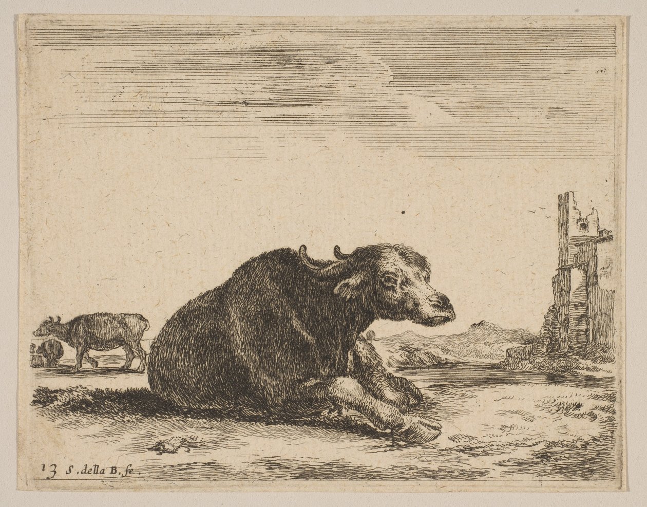 13. tábla: bivaly fekve, különböző állatokból Diversi animali, kb. 1641. alkotó: Stefano della Bella