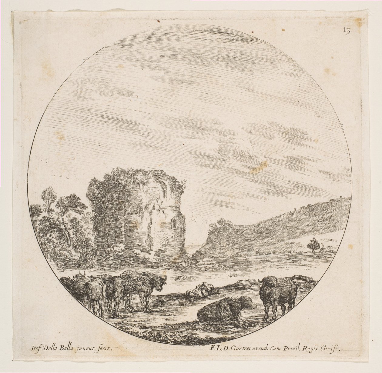 13. tábla: templomromok római tájon, római tájakból és romok P..., kb. 1646. alkotó: Stefano della Bella