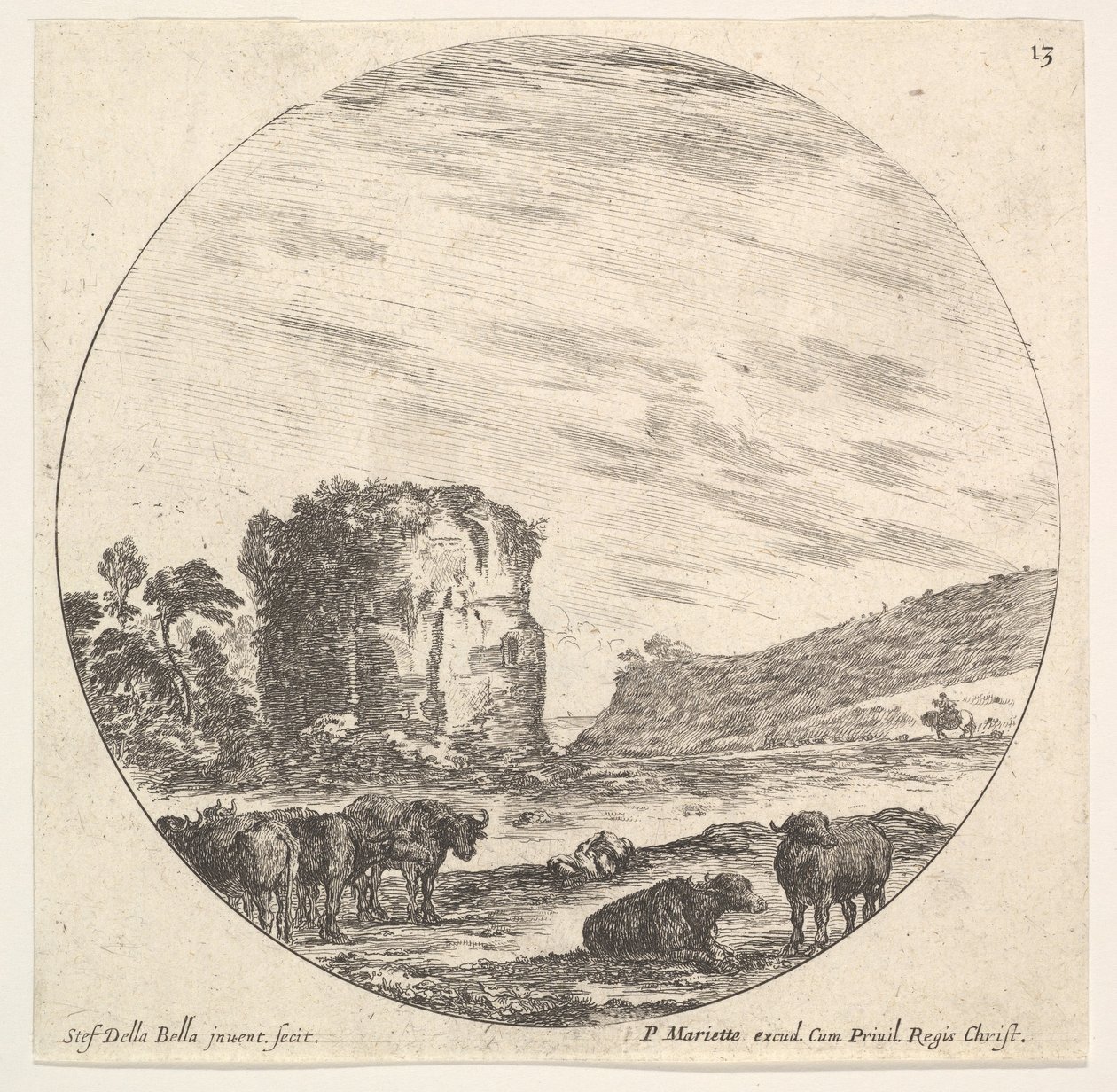 13. tábla: a háttérben egy ősi templom romjai, az előtérben tehéncsorda..., kb. 1643-48. alkotó: Stefano della Bella