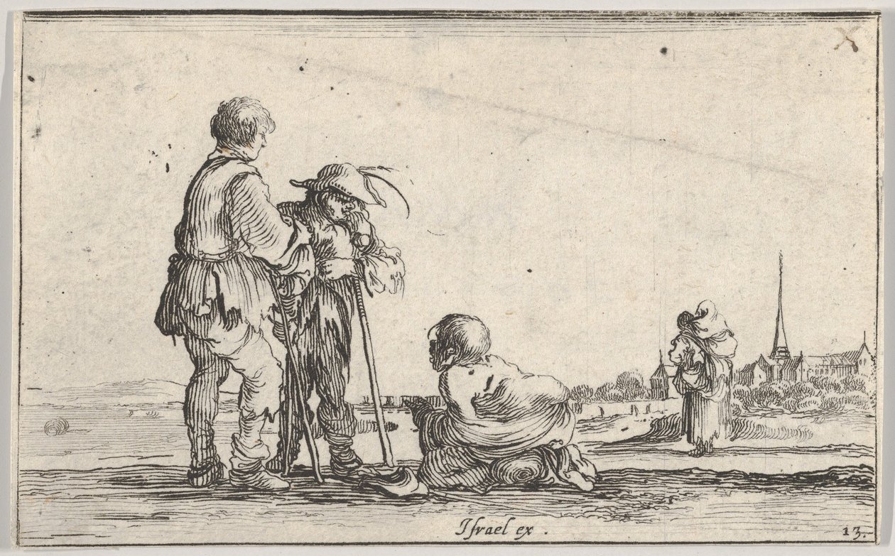 13. tábla: balra két paraszt áll, középen egy nyomorék térdel a földön, egy..., kb. 1642. alkotó: Stefano della Bella