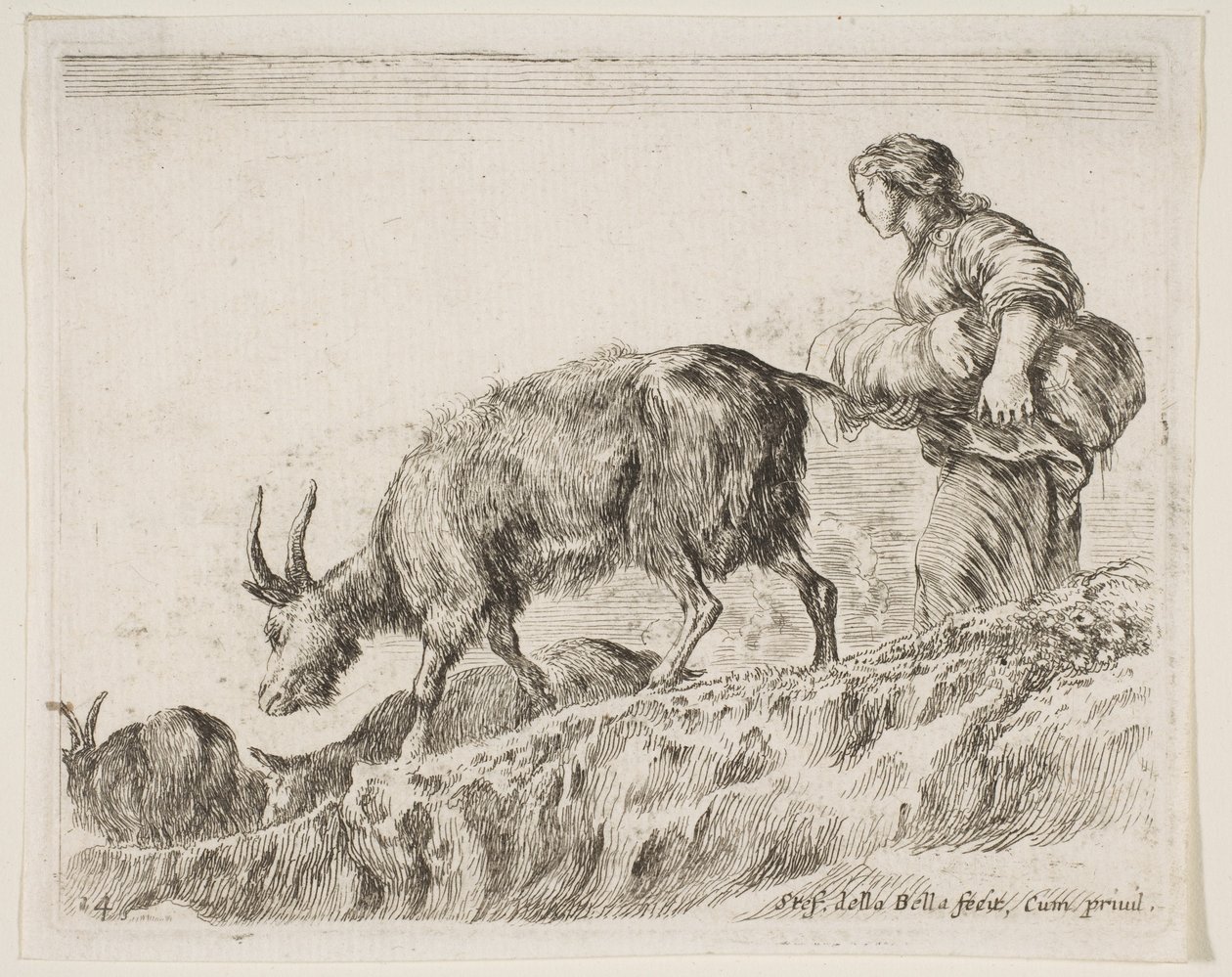 14. tábla: kecskéket terelő pásztorlány, különféle állatokból Diversi animali, kb. 1641. alkotó: Stefano della Bella