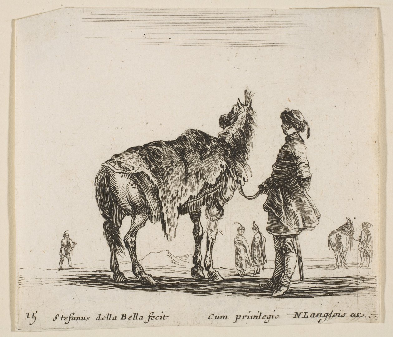 15. tábla: egy lengyel nemes, arccal, leopárdbőrrel bevont lovát tartja..., kb. 1644-47. alkotó: Stefano della Bella