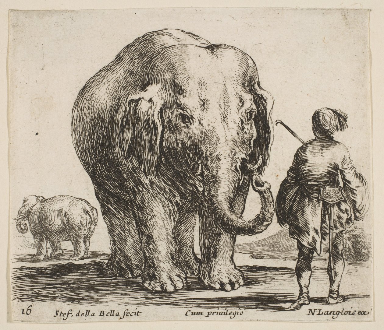 16. tábla: elefánt a közepén, mahoutja jobbra áll, Orient-et visel..., kb. 1644-47. alkotó: Stefano della Bella