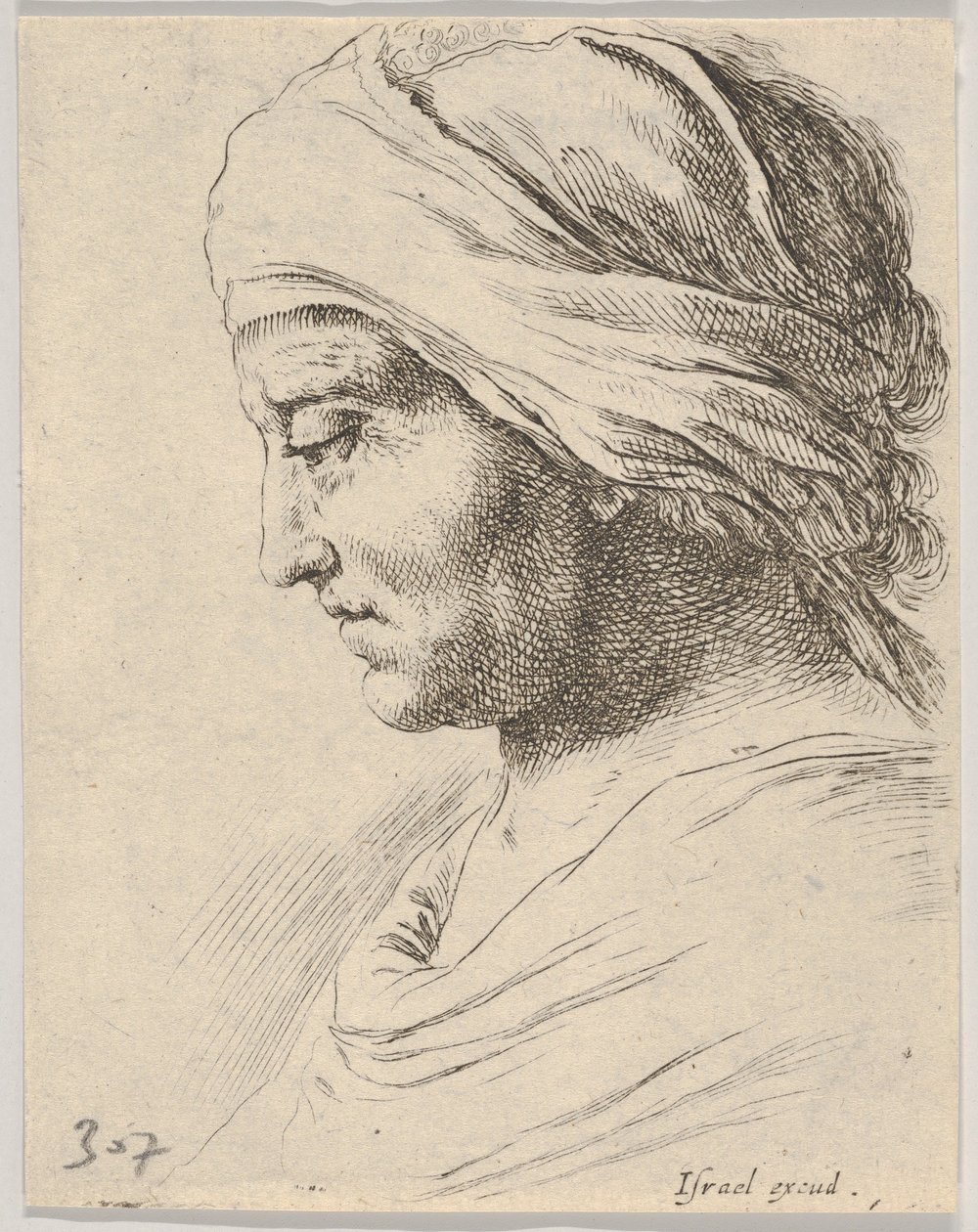 16. tábla: egy idős férfi feje profilban, a fejére kötött ruhával, a The B...-ból, kb. 1649. alkotó: Stefano della Bella