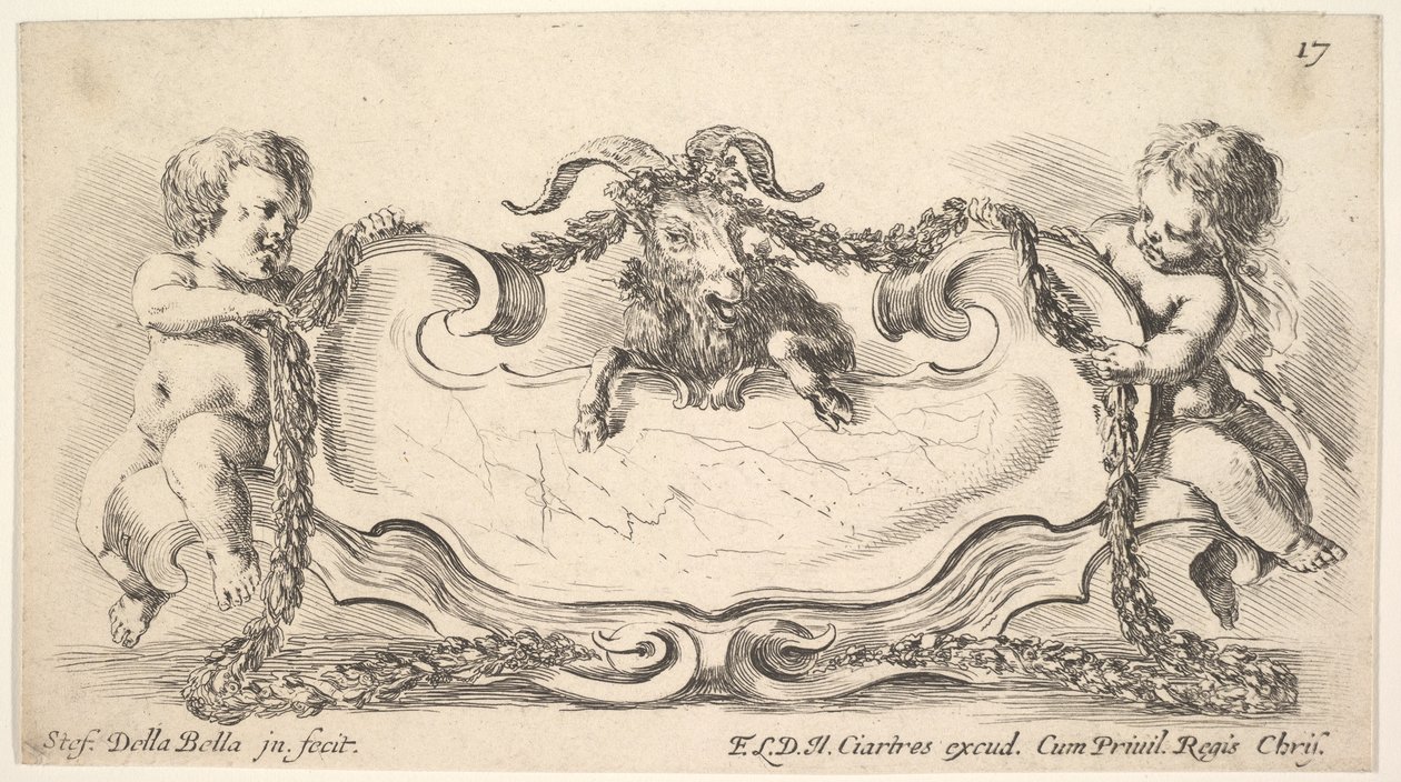 17. tábla: márvány középső kartotus, két oldalán csecsemő, kezében füzér ove..., 1646. alkotó: Stefano della Bella