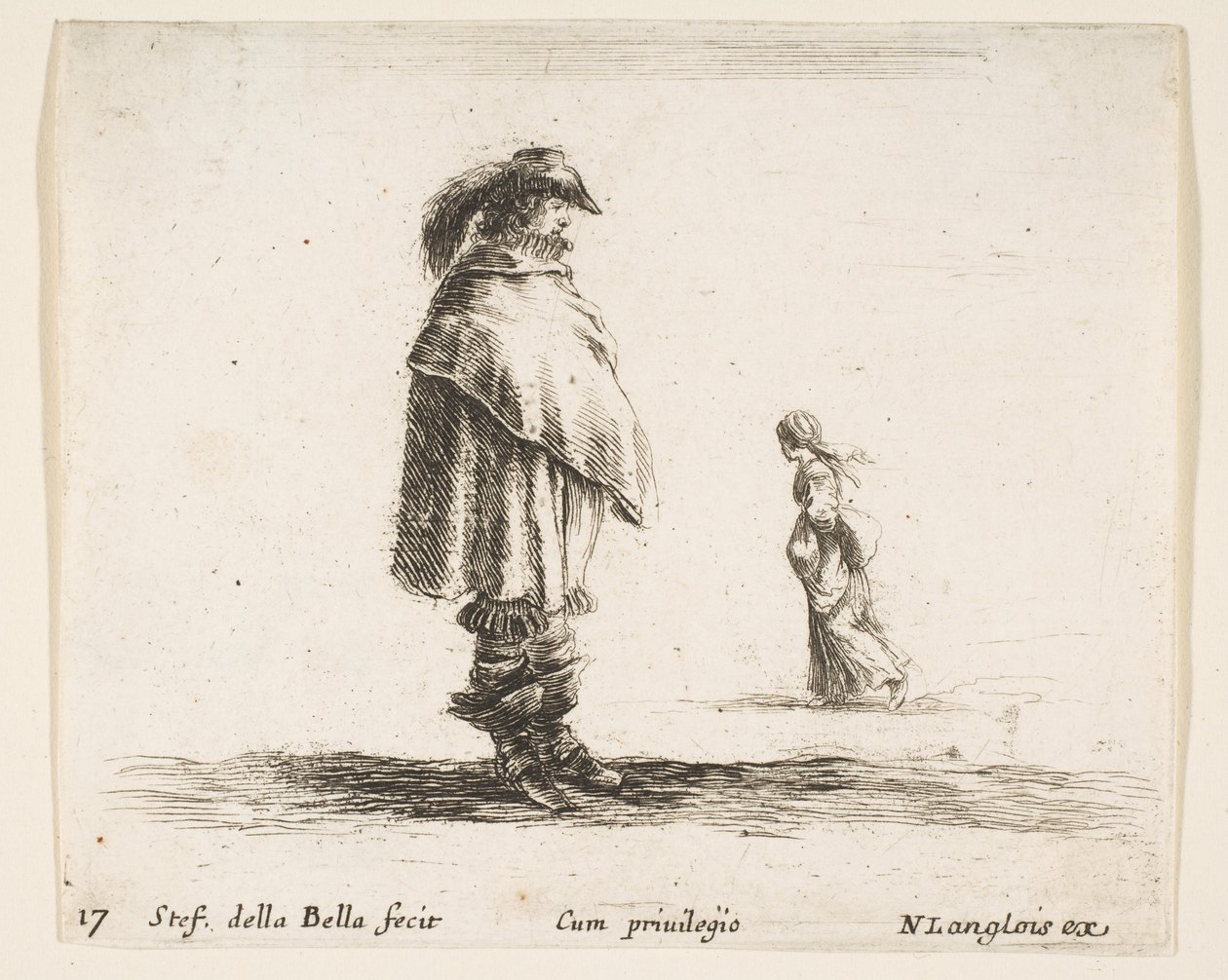 17. tábla: egy tollas kalapot viselő férfi középen jobbra nézve, egy nő felé sétál..., kb. 1644-47. alkotó: Stefano della Bella