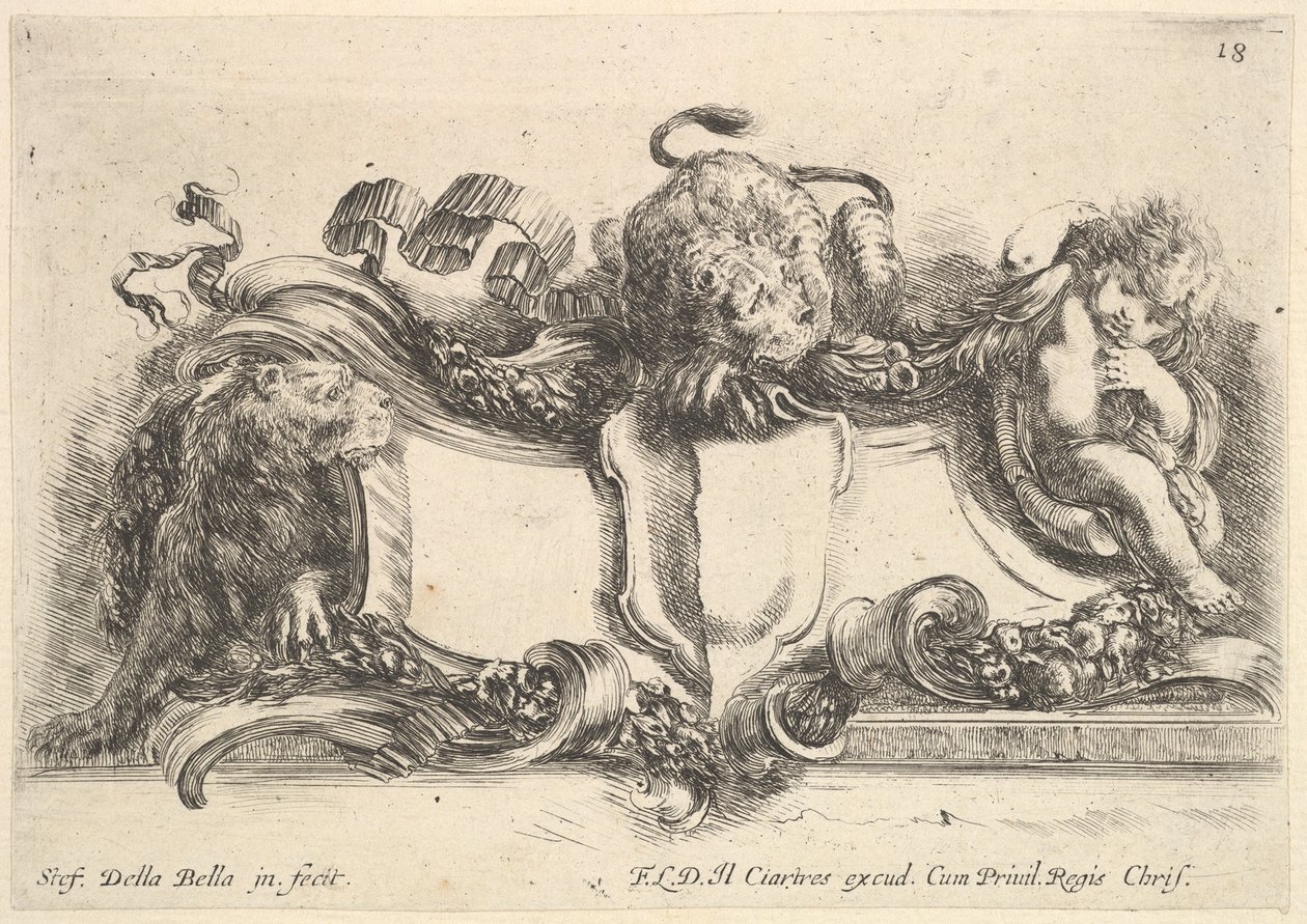 18. tábla: egy karton üres címerrel, két oroszlánnal, egy balra és egy cen..., 1646. alkotó: Stefano della Bella