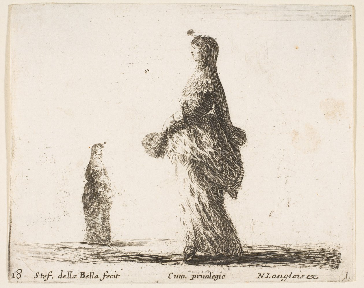 18. tábla: balra sétáló nemesasszony tollas legyezővel, másik nő..., kb. 1644-47. alkotó: Stefano della Bella