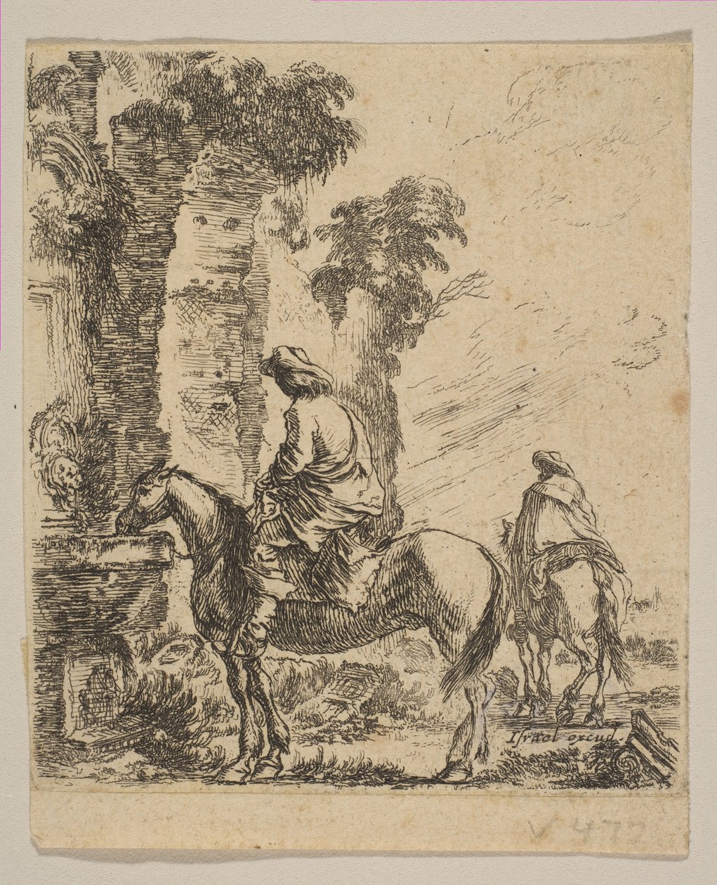19. tábla: Tájkép egy lovas lovassal a szökőkútnál, különféle fi..., kb. 1646. alkotó: Stefano della Bella