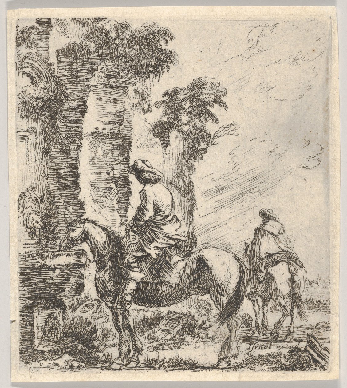 19. tábla: egy lovas a szökőkút medencéjéből itatja lovát a bal oldalon, egy másik h..., kb. 1646. alkotó: Stefano della Bella