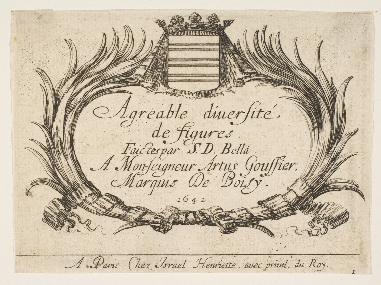 1. tábla: Két tenyér és egy címer keretezi a címet és a dedikációt, a „Vari...” címlapja, 1642. alkotó: Stefano della Bella