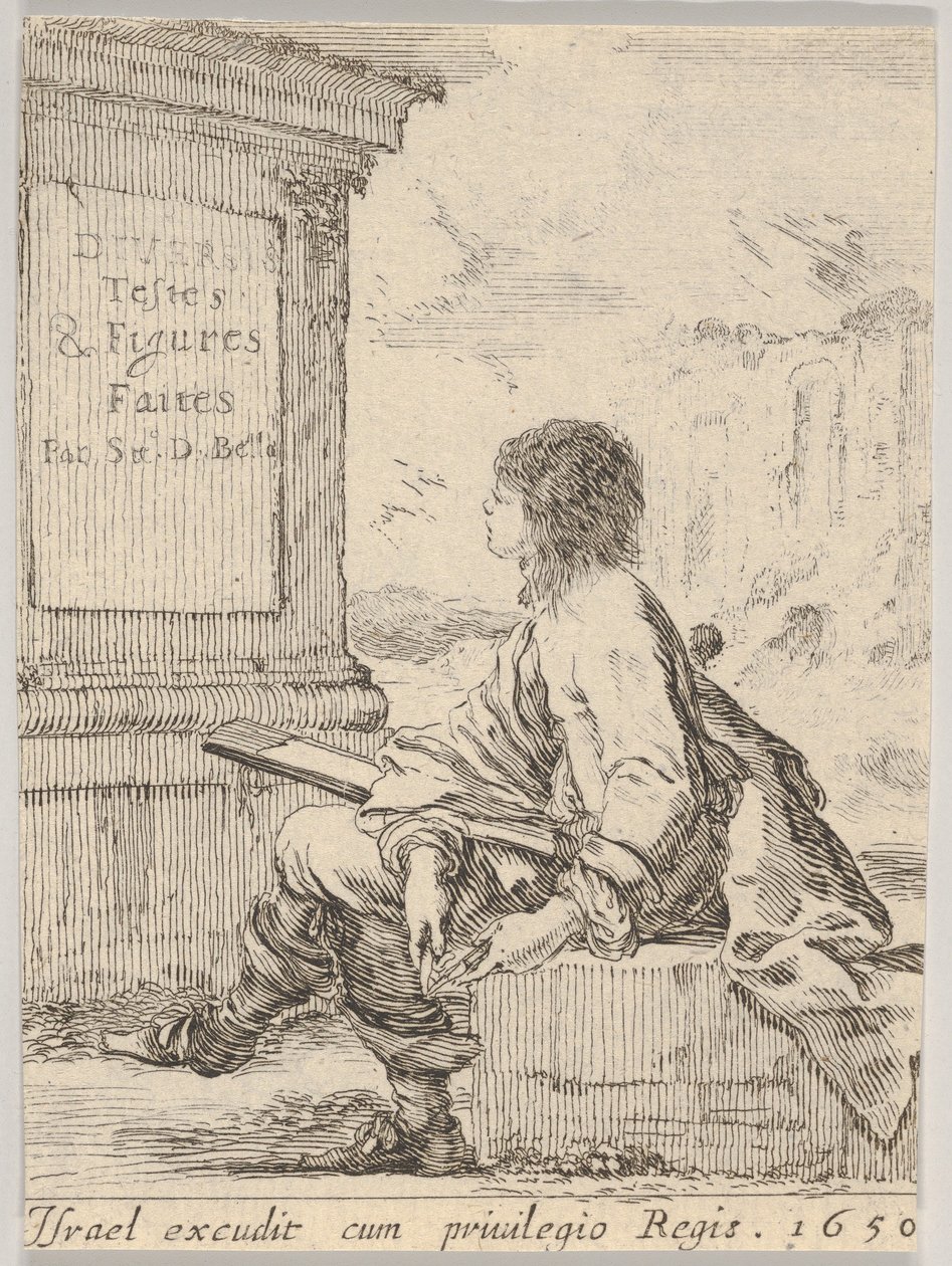 1. tábla: egy kövön ülő, profilban balra néző fiatalember, kezében egy rajzlappal ..., 1650. alkotó: Stefano della Bella