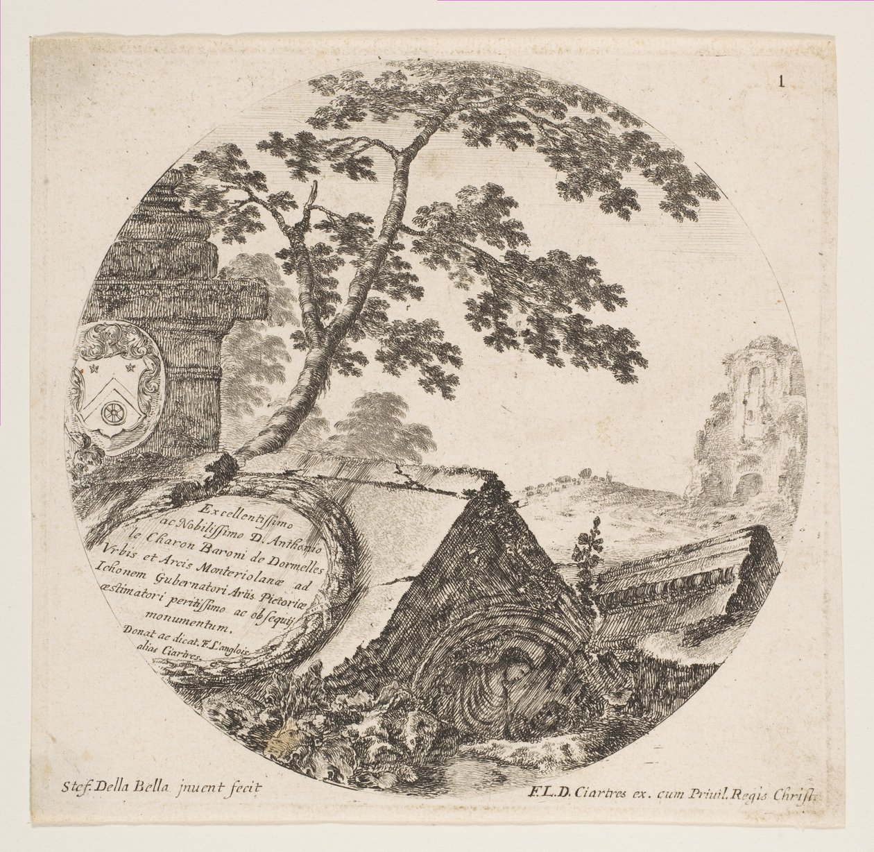 1. tábla: töredékek ókori műemlékekből, római tájakból és romok vidékéről..., kb. 1646. alkotó: Stefano della Bella
