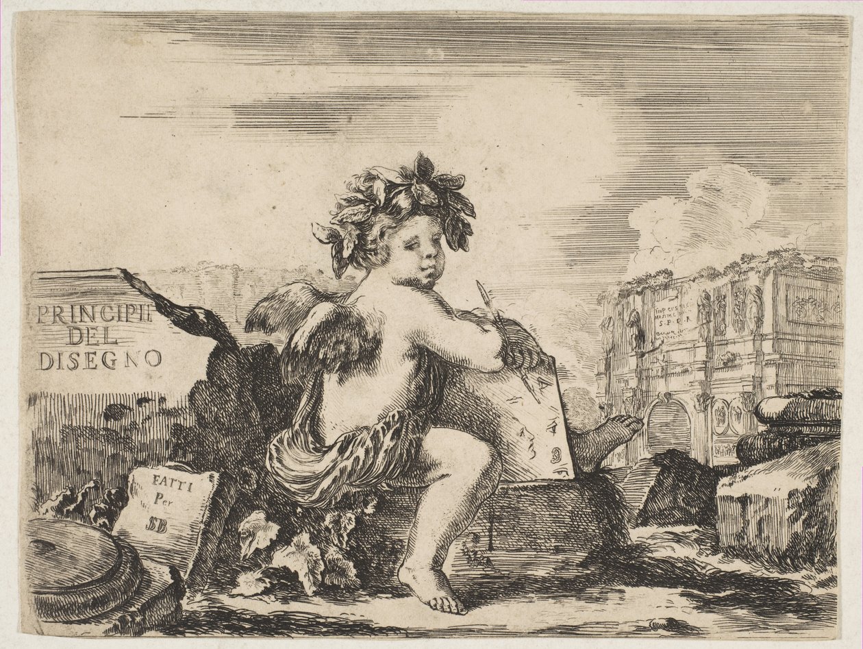 1. tábla: a rajz zsenije, egy szárnyas gyerek, egy sziklán ülve középen..., kb. 1641-43. alkotó: Stefano della Bella