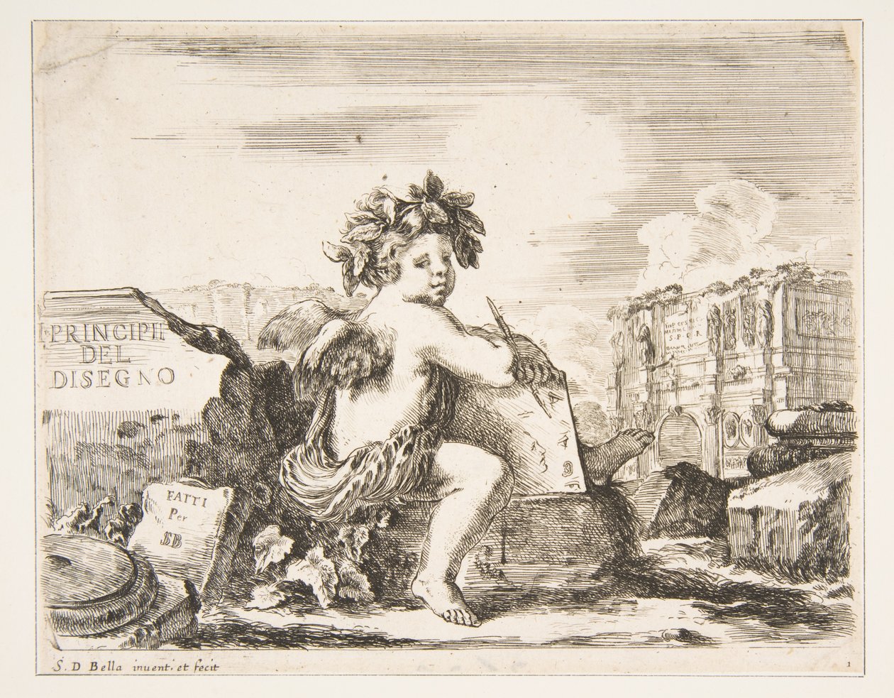1. tábla: a rajz zsenije, egy szárnyas gyerek, egy sziklán ülve középen..., kb. 1641-43. alkotó: Stefano della Bella