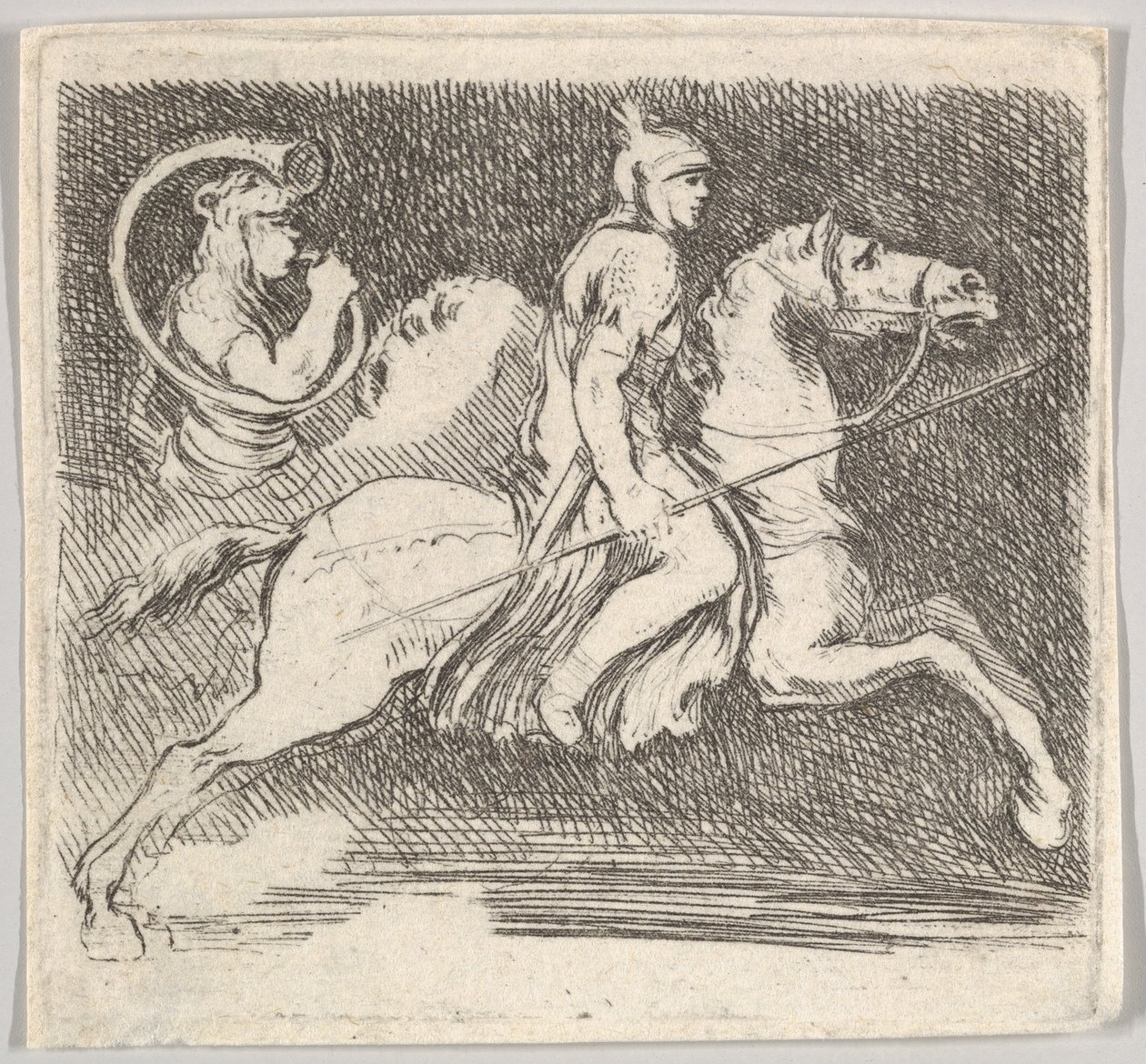 20. tábla: jobbra vágtató profilú katona, jobb kezében lándzsát tartva..., kb. 1646. alkotó: Stefano della Bella