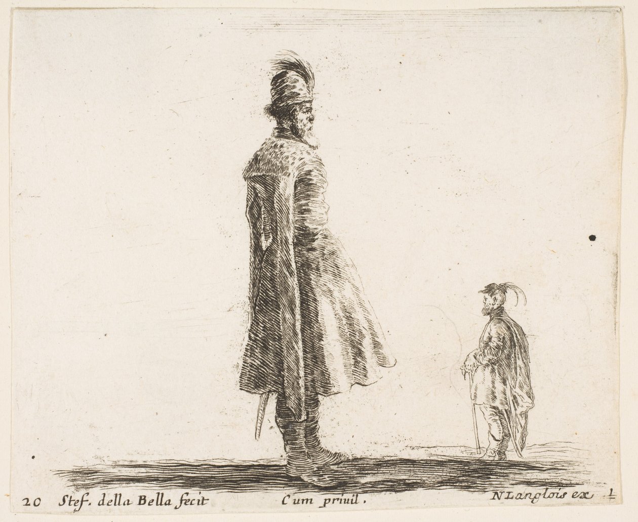 20. tábla: középen tollaskalapot viselő, öreg lengyel nemes, profilban áll, kb. 1644-47. alkotó: Stefano della Bella