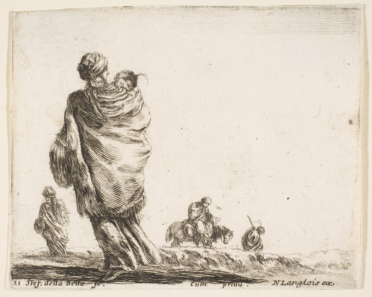 21. tábla: balra szegény asszony, hátulról nézve, gyermekét kendőbe burkolja..., kb. 1644-47. alkotó: Stefano della Bella
