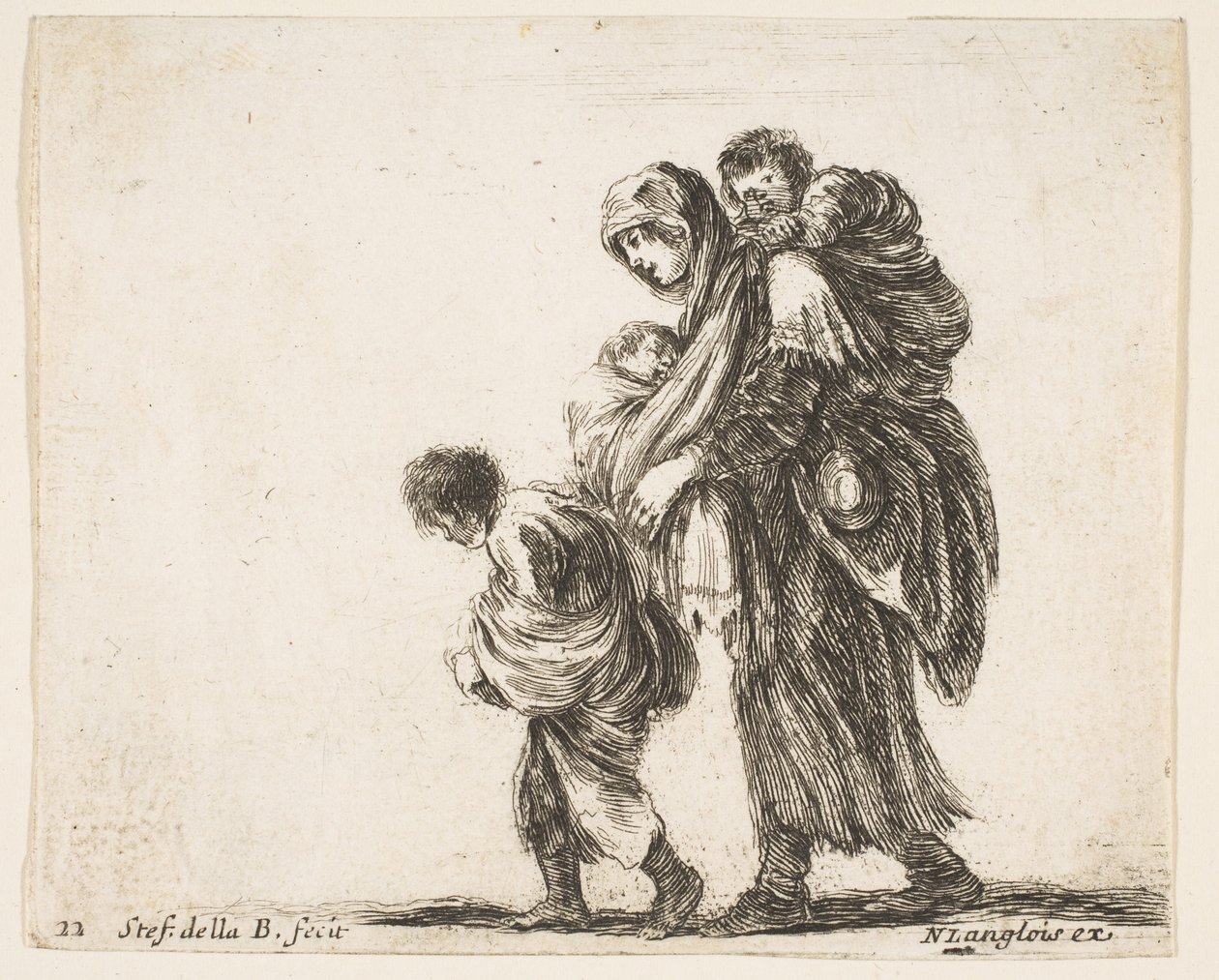 22. tábla: egy koldusasszony három gyermekkel, egy gyerek a vállán, egy gyerek..., kb. 1644-47. alkotó: Stefano della Bella