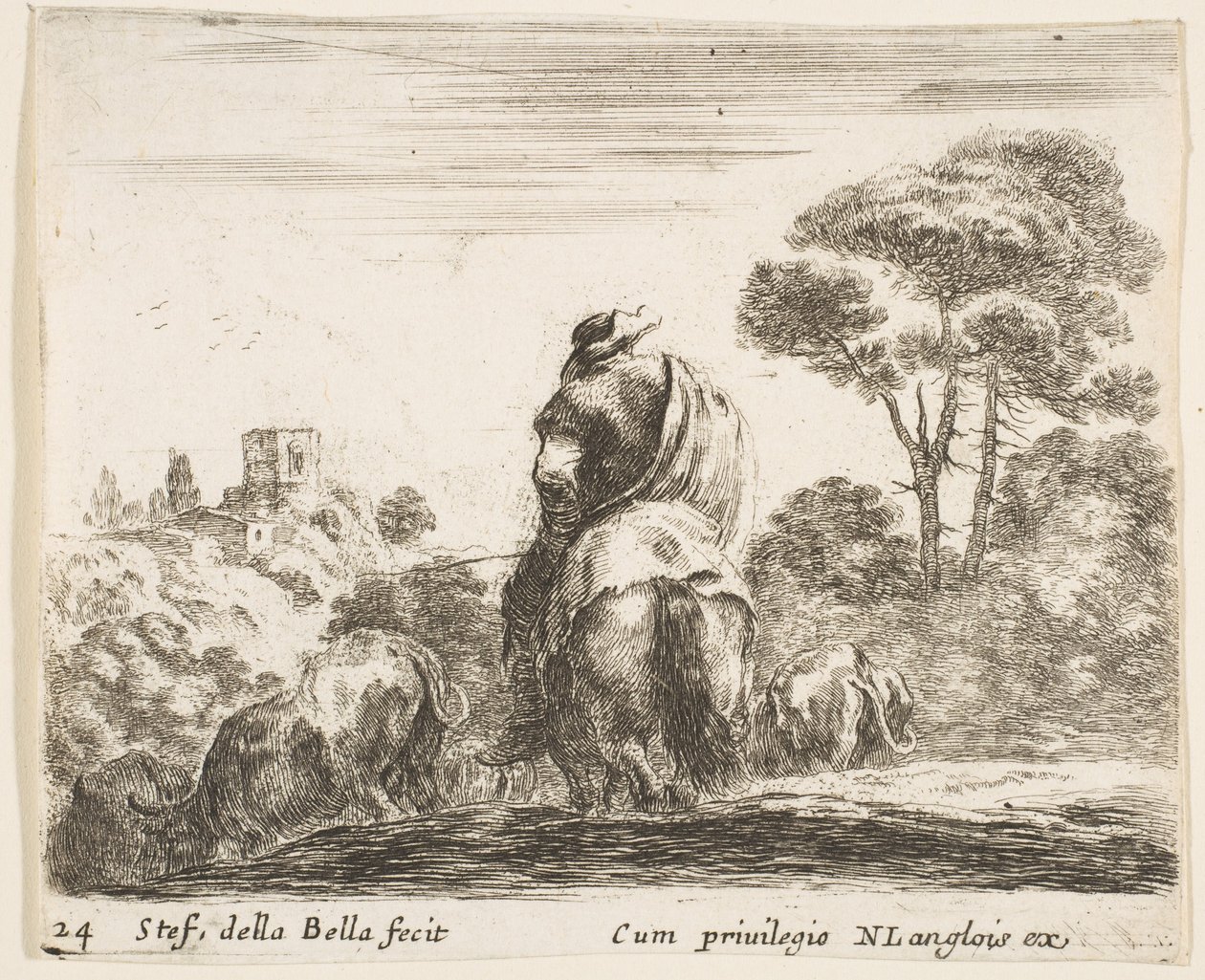24. tábla: pásztor egy ló tetején, hátulról nézve, levezeti jószágát egy dombról, egy ..., kb. 1644-47. alkotó: Stefano della Bella