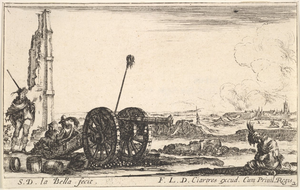 2. tábla: Egy ágyú balra, egy város a háttérben, a Various Military Capric...-ból, kb. 1641. alkotó: Stefano della Bella
