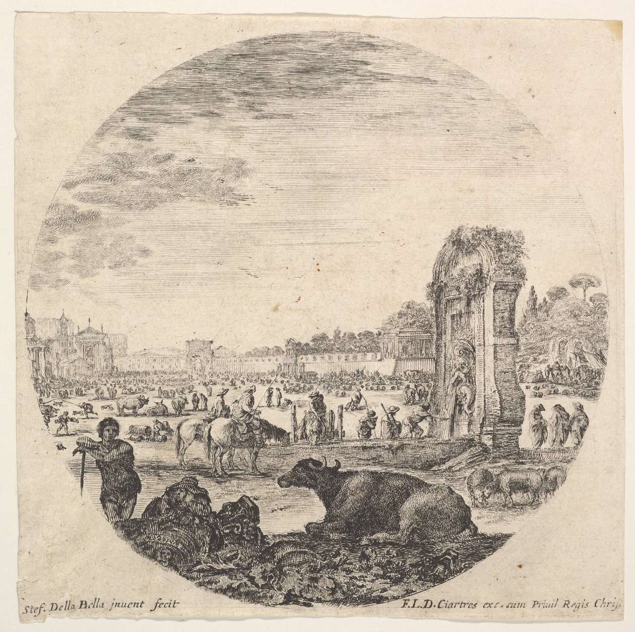 2. tábla: Campo Vaccino, egy bivaly és két pásztor középen, a Fontanone a szerelékhez..., kb. 1643-48. alkotó: Stefano della Bella