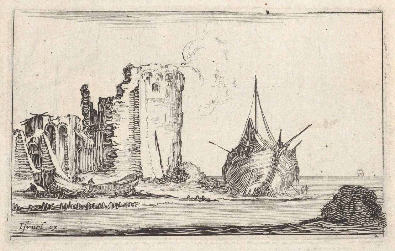 2. tábla: jobbra egy hajó, balra egy csónak, partra mosva, egy torony romokban b..., kb. 1642. alkotó: Stefano della Bella