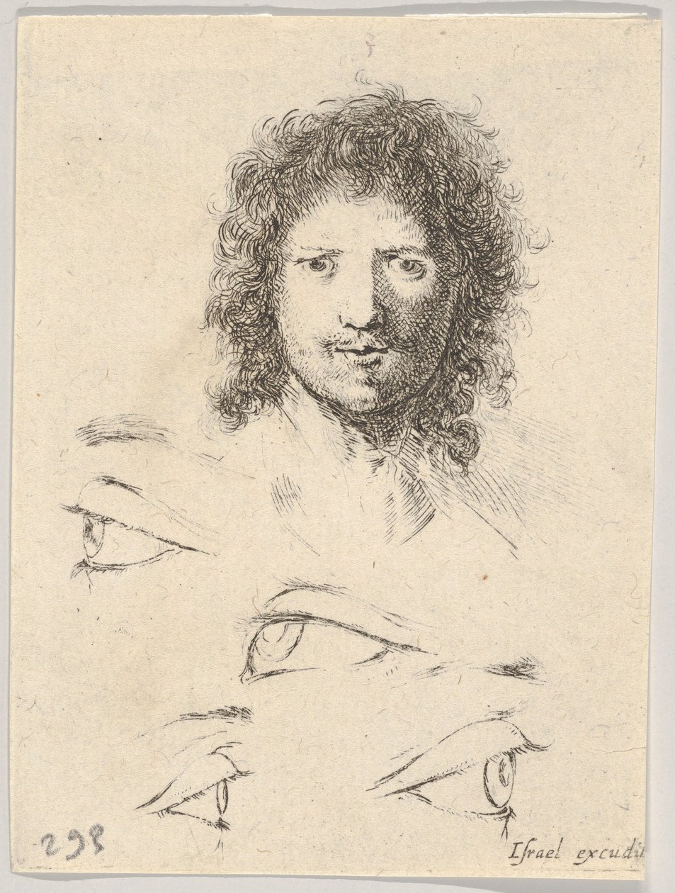 2. tábla: felül egy fiatalember feje, elölnézet, alul, négy szem, Th...-ról, kb. 1649. alkotó: Stefano della Bella