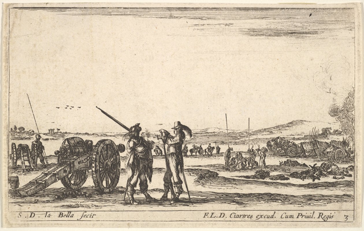 3. tábla: Egy tiszt parancsot ad egy katonának az előtér közepén, ágyú balra, a..., kb. 1641. alkotó: Stefano della Bella