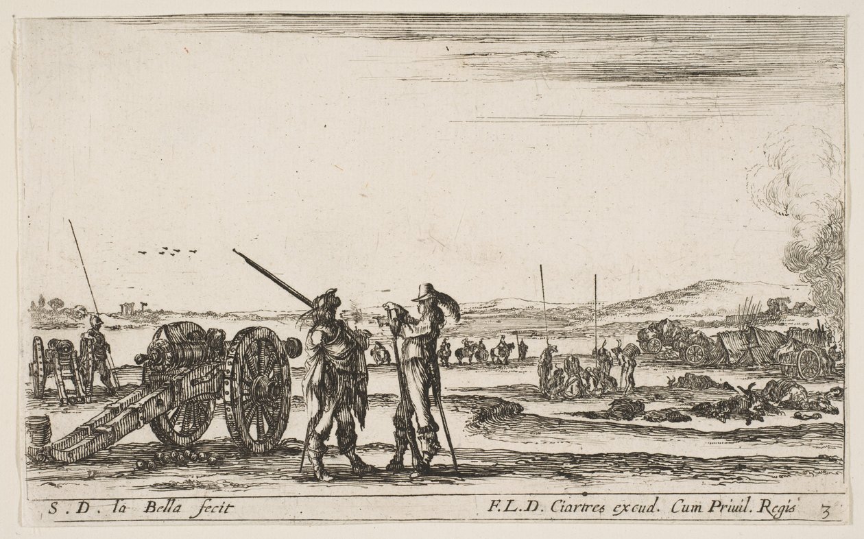 3. tábla: Egy tiszt parancsot ad egy katonának az előtér közepén, ágyú balra, a..., kb. 1641. alkotó: Stefano della Bella