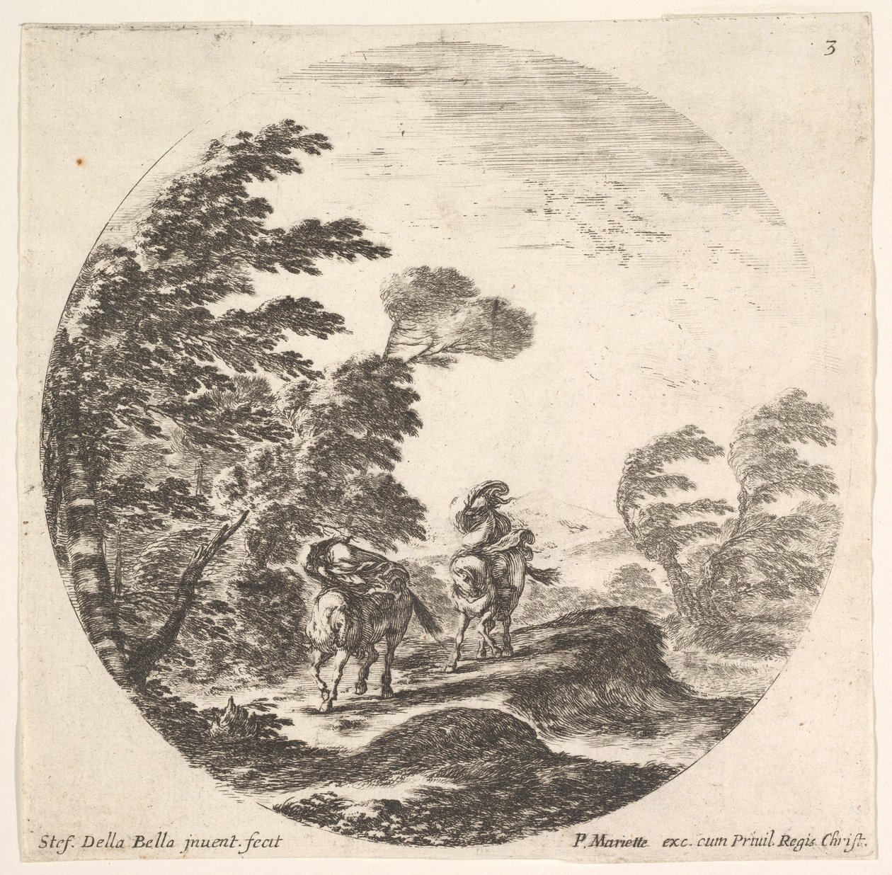 3. tábla: szélvihar az erdőben, két lovas köpenyébe burkolózva, fúj a szél..., kb. 1643-48. alkotó: Stefano della Bella