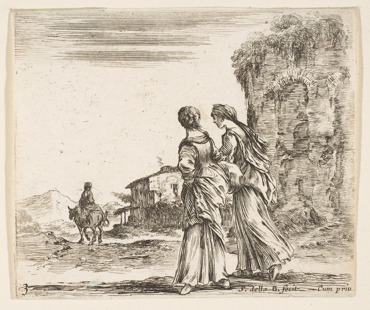 3. tábla: két lány balra sétál hátulról, egy nő lovon t..., kb. 1644-47. alkotó: Stefano della Bella
