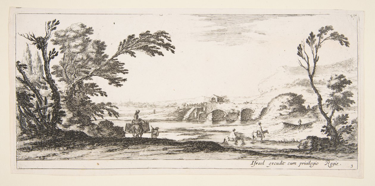 3. tábla: két lovas átkel a folyón jobbra, egy nő két kosárral egy szamár tetején..., kb. 1641. alkotó: Stefano della Bella