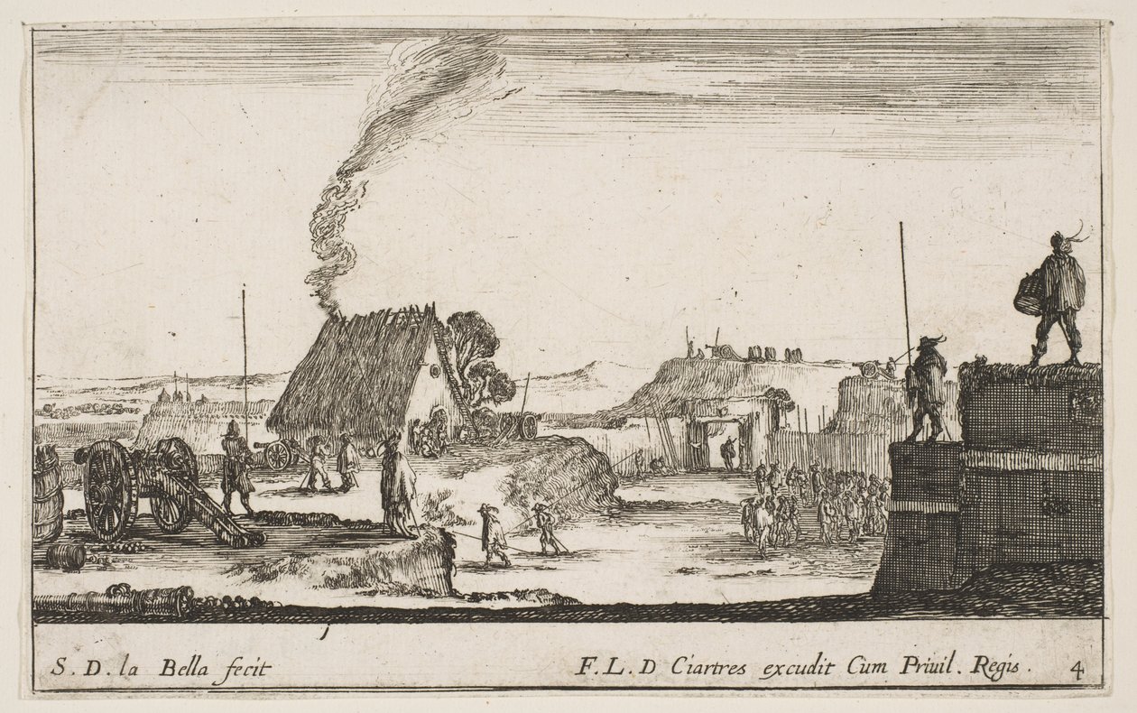 4. tábla: Katonai tábor egy mellvéden álló katonával jobbra beati..., kb. 1641. alkotó: Stefano della Bella