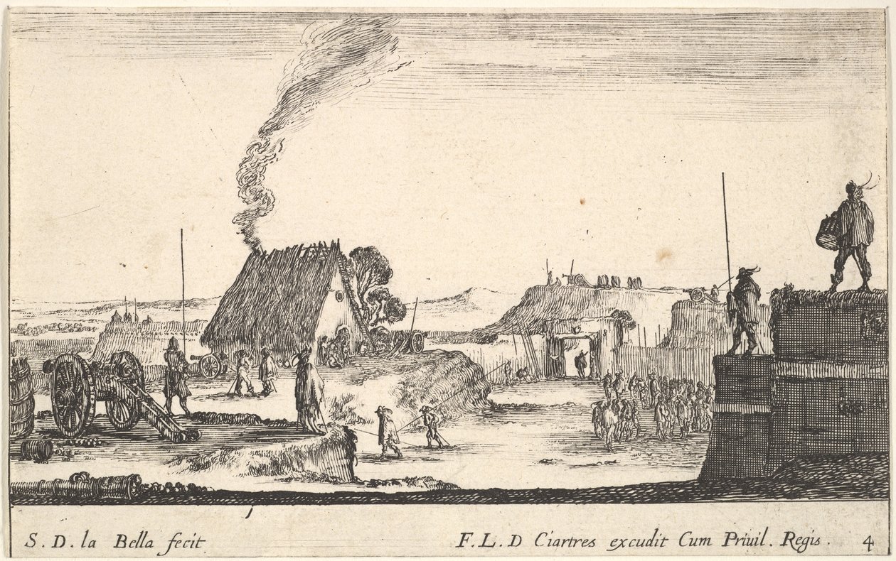4. tábla: Katonai tábor egy mellvéden álló katonával jobbra beati..., kb. 1641. alkotó: Stefano della Bella