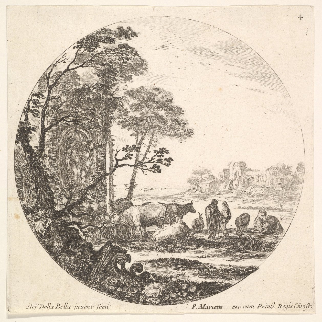 4. tábla: egy korinthoszi főváros a földön balra az előtérben, egy emlékmű, kb. 1643-48. alkotó: Stefano della Bella